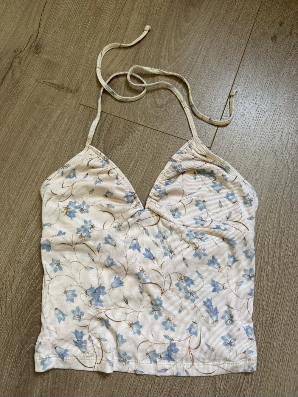 Aritzia Floral Halter Cami Top in Light Cream with Blue Flowers